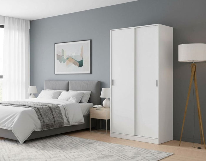 Guardaroba Alt, Armadio per camera da letto a 2 ante scorrevoli, Mobile con ripiano e barra appendiabiti, cm 100x50h200, Bianco