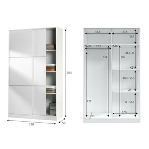 Guardaroba Adrenalin, Armadio per camera da letto a 2 ante scorrvoli, Mobile con 3 ripiani e barra appendiabiti, cm 120x50h200, Bianco