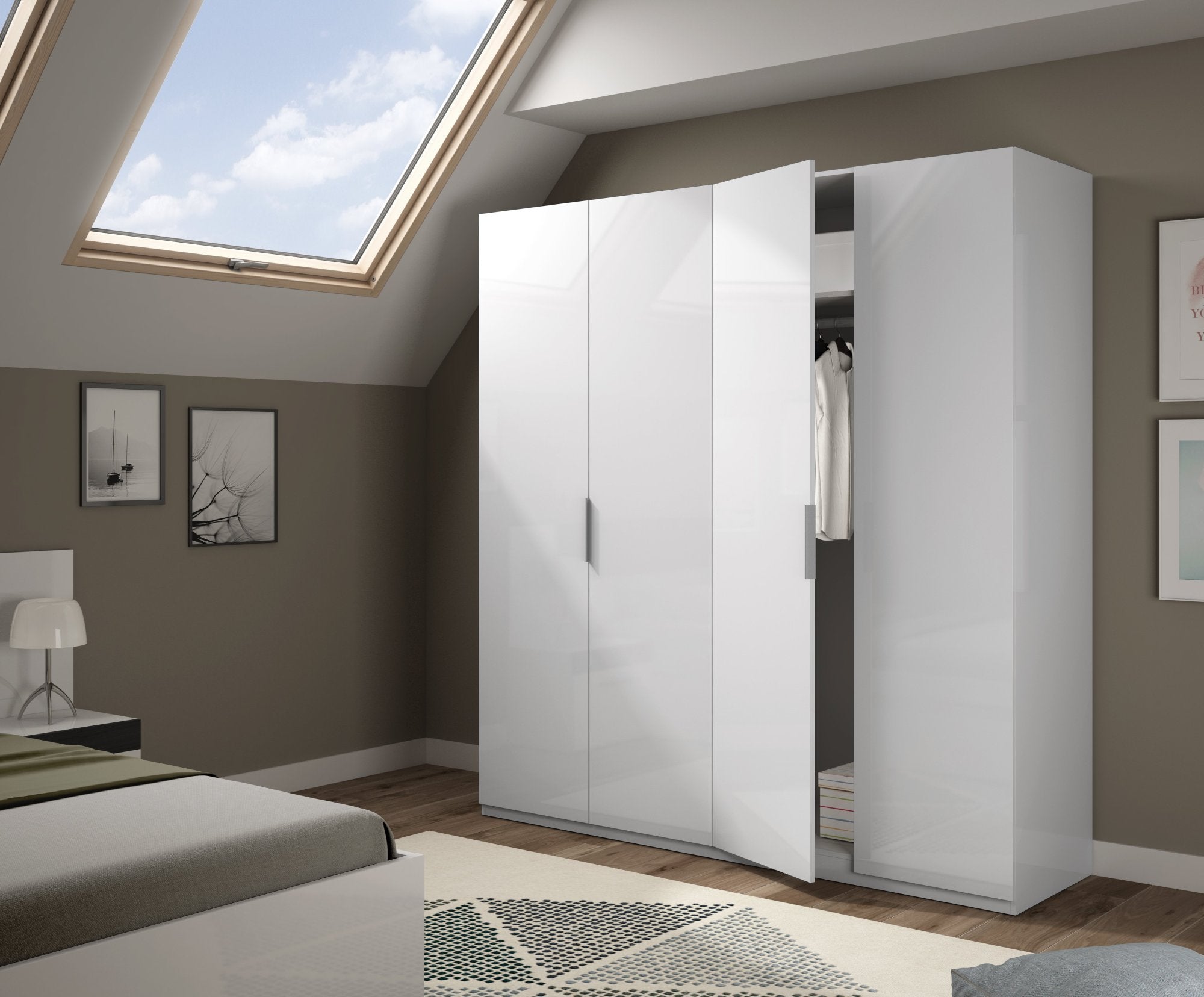 Guardaroba Aram, Armadio per camera da letto a 4 ante battenti, Mobile con 2 ripiani e barra appendiabiti, cm 180x52h200, Bianco