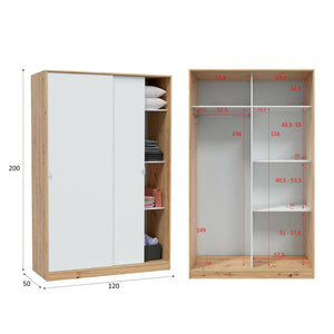 Guardaroba Adrenalin, Armadio per camera da letto a 2 ante scorrvoli, Mobile con 3 ripiani e barra appendiabiti, cm 120x50h200, Rovere e Bianco