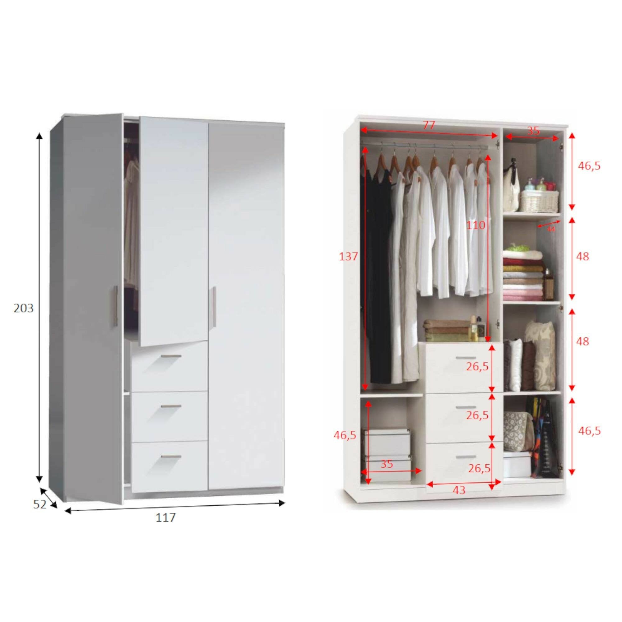 Guardaroba Anama, Armadio per camera da letto a 3 ante battenti, Mobile con barra appendiabiti e 3 ripiani, cm 117x52h203, Bianco