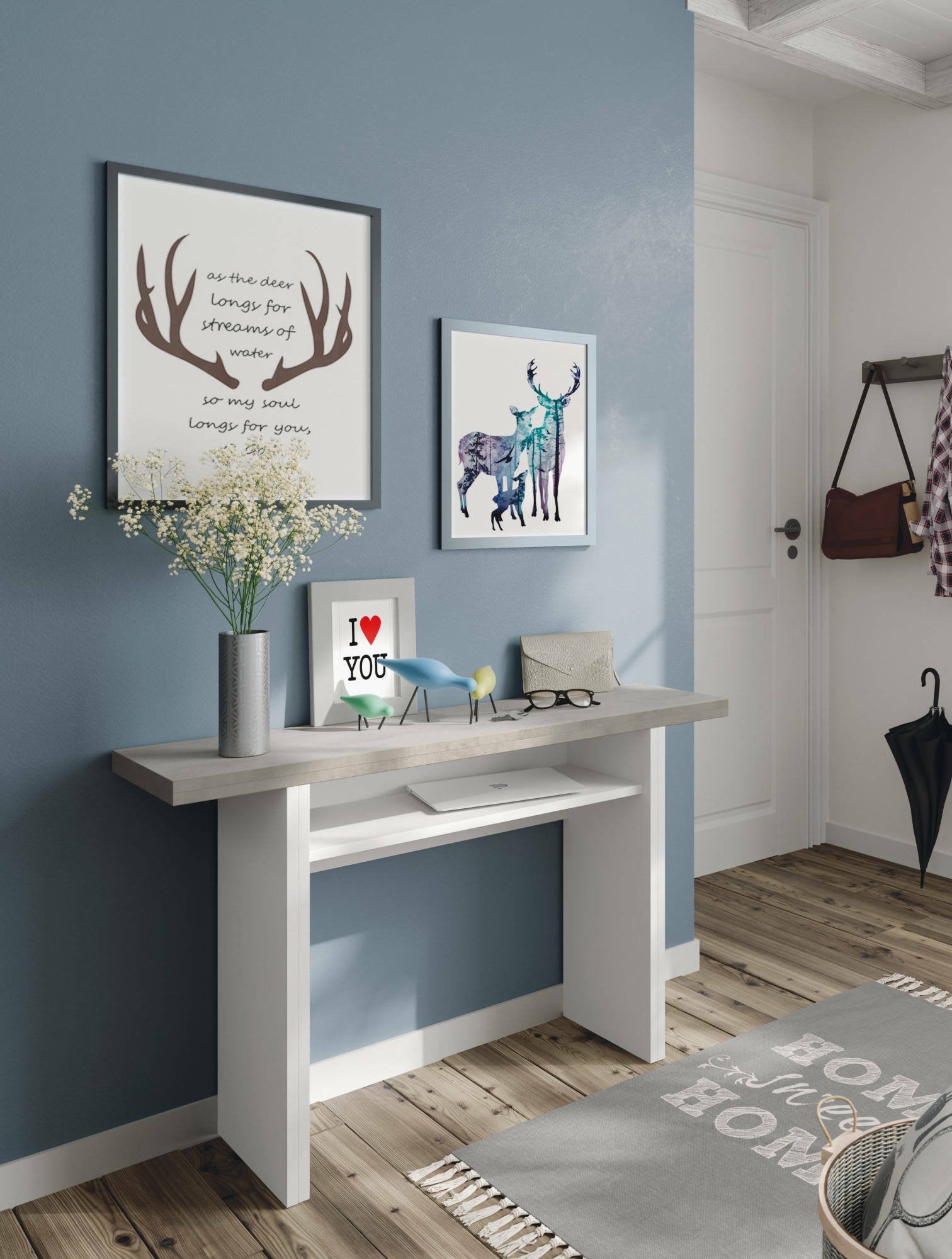 Tavolo allungabile Arila, Tavolo estensibile con apertura a libro, Tavolo consolle ausiliare pieghevole, cm 120x35h77, Bianco e Cemento