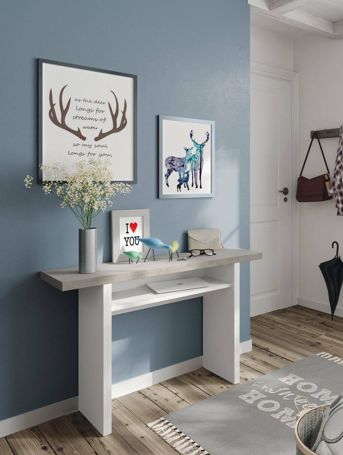 Tavolo allungabile Arila, Tavolo estensibile con apertura a libro, Tavolo consolle ausiliare pieghevole, cm 120x35h77, Bianco e Cemento