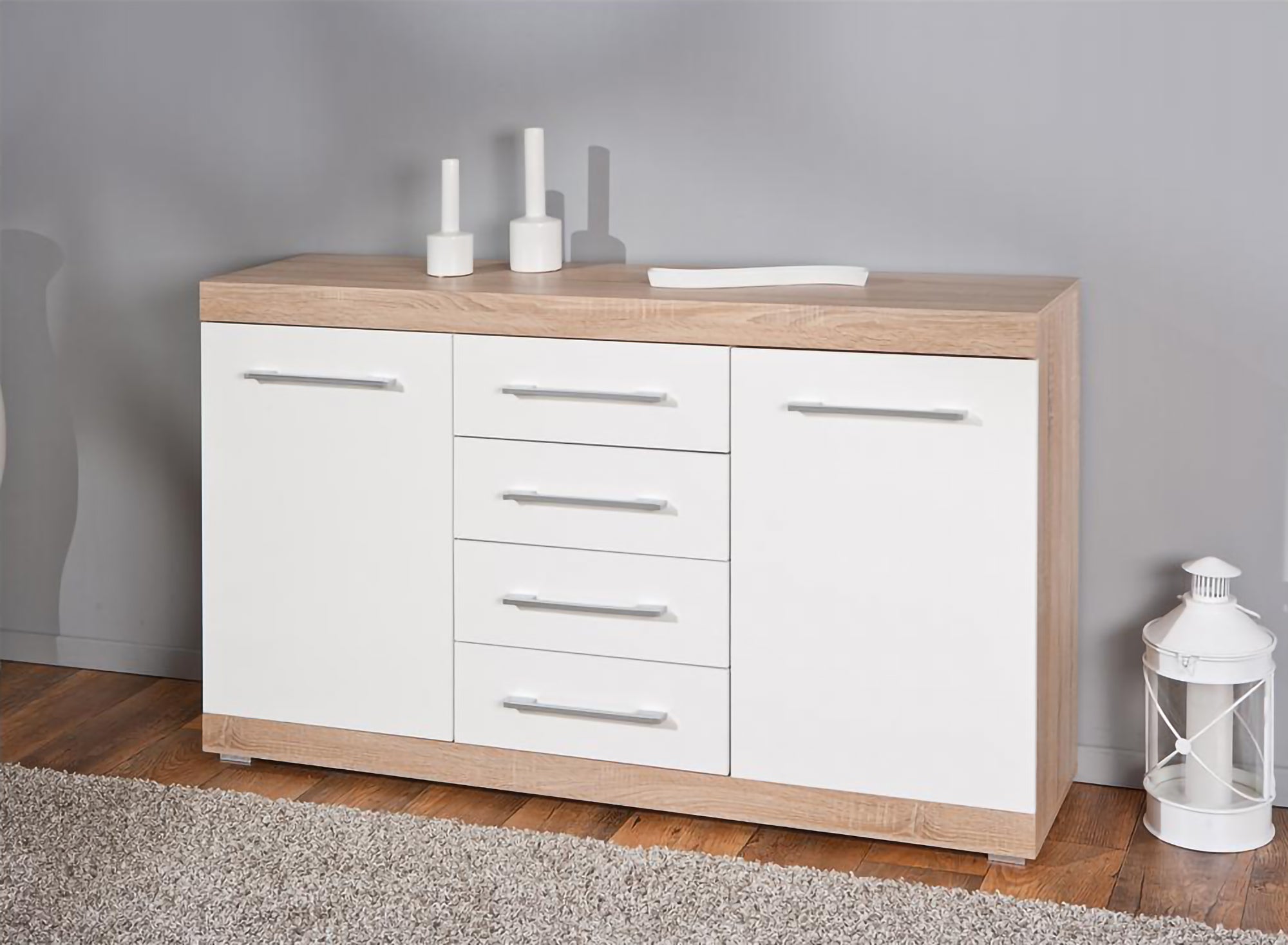Credenza Dlis, Buffet da soggiorno, Madia da salotto, Dispensa da cucina, 155x40 h87 cm, Bianco
