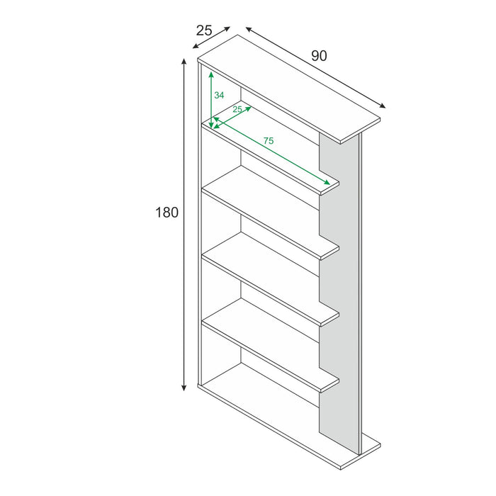 Libreria Eolo, Mobile portalibri bifacciale a 5 ripiani, Scaffale divisorio da ufficio o cameretta, cm 90x25h180, Bianco e Cemento