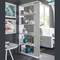 Libreria Eolo, Mobile portalibri bifacciale a 5 ripiani, Scaffale divisorio da ufficio o cameretta, cm 90x25h180, Bianco e Cemento