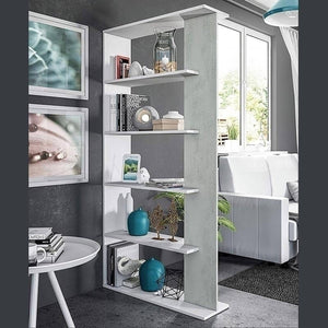 Libreria Eolo, Mobile portalibri bifacciale a 5 ripiani, Scaffale divisorio da ufficio o cameretta, cm 90x25h180, Bianco e Cemento