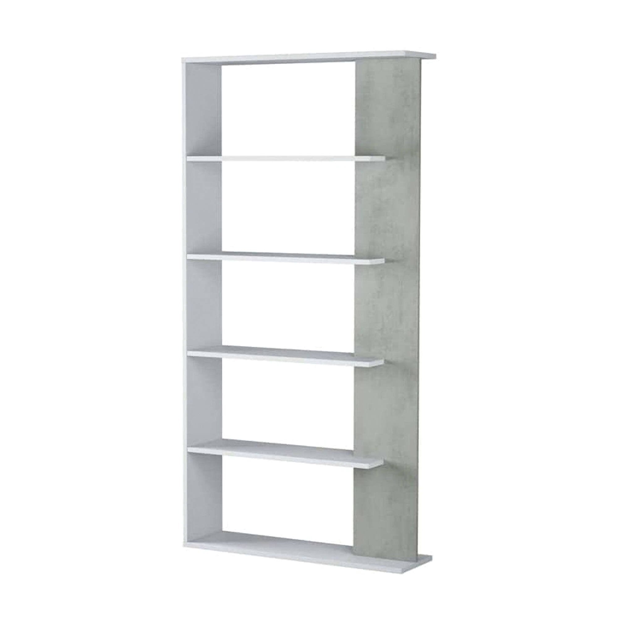 Libreria Eolo, Mobile portalibri bifacciale a 5 ripiani, Scaffale divisorio da ufficio o cameretta, cm 90x25h180, Bianco e Cemento