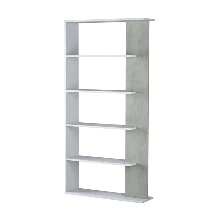 Libreria Eolo, Mobile portalibri bifacciale a 5 ripiani, Scaffale divisorio da ufficio o cameretta, cm 90x25h180, Bianco e Cemento