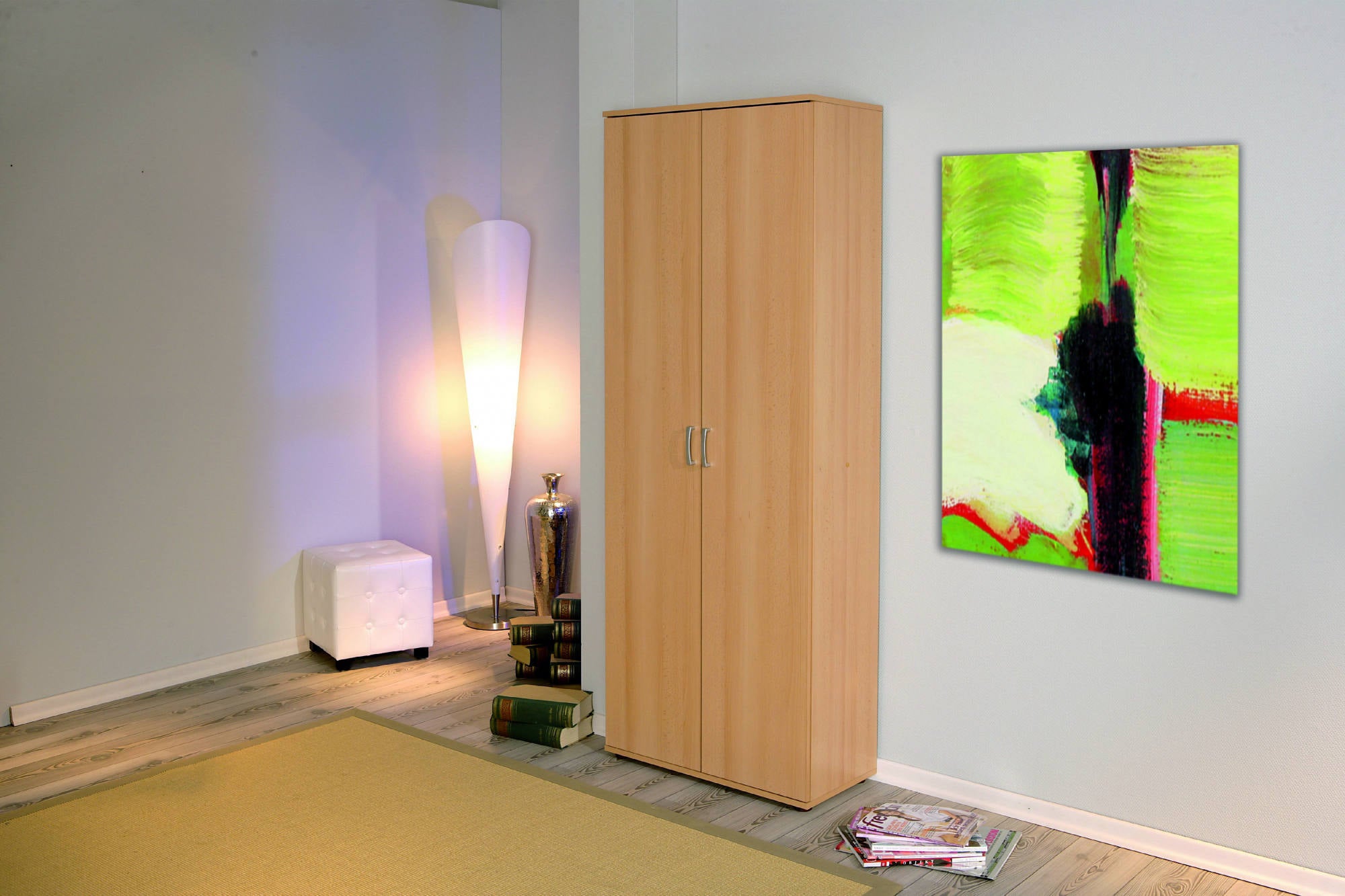 Armadio a due ante con ripiani in laminato, color faggio, Misure 70 x 189 x 34 cm