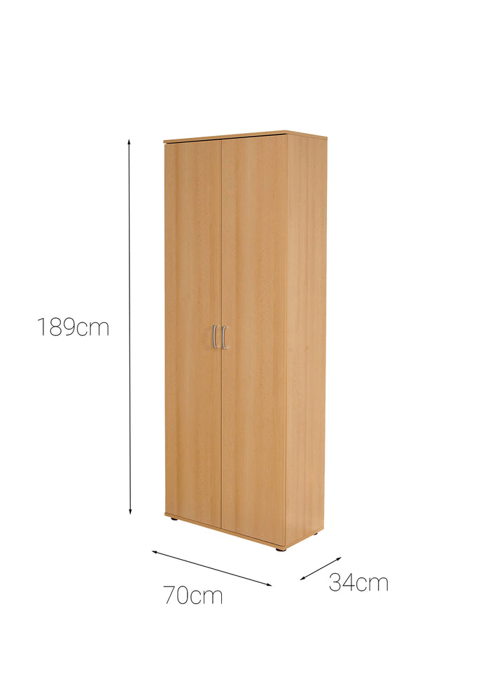 Armadio a due ante con ripiani in laminato, color faggio, Misure 70 x 189 x 34 cm