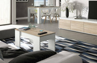 Tavolino da salotto Almas, Tavolino da caffÒ¨ con piano elevabile, Tavolo basso da soggiorno, 100x50h45/56 cm, Bianco e Rovere