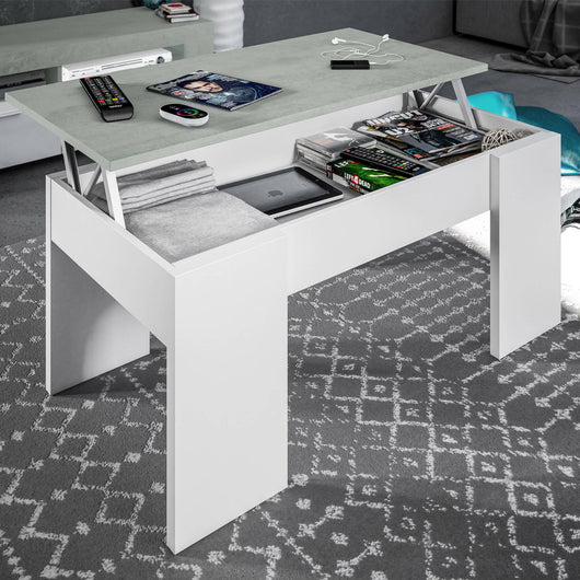 Tavolino da salotto Almas, Tavolino da caffÒ¨ con piano elevabile, Tavolo basso da soggiorno, cm 100x50h45/56, Bianco e cemento