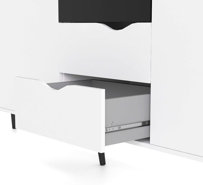 Credenza a tre a ante e tre Anima, colore bianco e nero, Misure 195 x 81 x 39 cm
