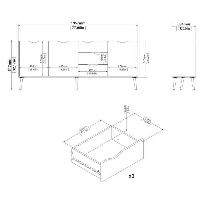 Credenza a tre a ante e tre Anima, colore bianco e nero, Misure 195 x 81 x 39 cm