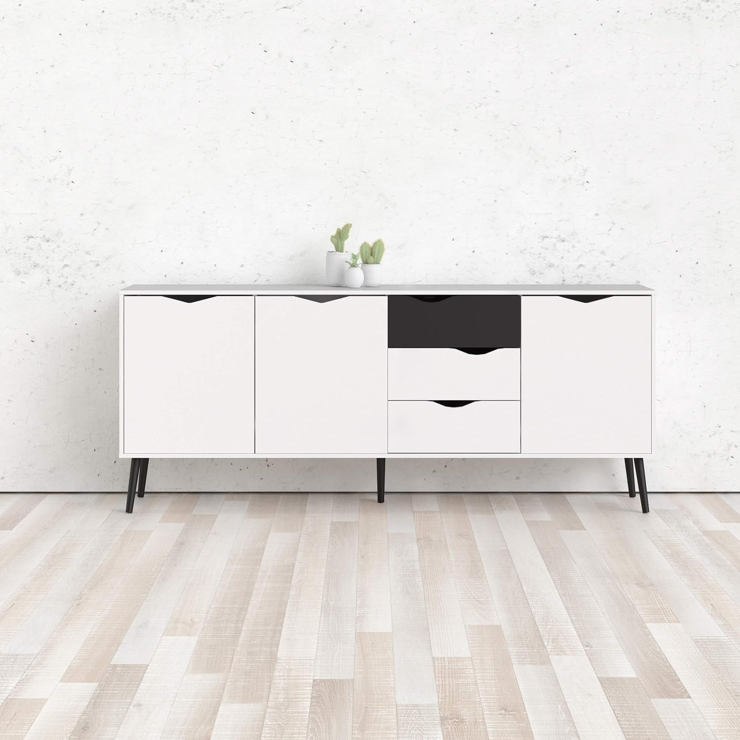 Credenza a tre a ante e tre Anima, colore bianco e nero, Misure 195 x 81 x 39 cm