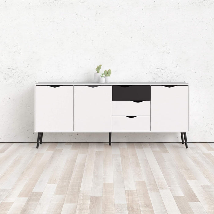 Credenza a tre a ante e tre Anima, colore bianco e nero, Misure 195 x 81 x 39 cm