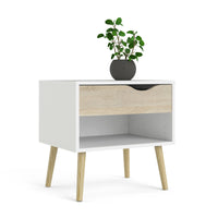 Comodino a un cassetto e un vano Lucina, colore bianco e rovere, Misure 50 x 49 x 39 cm