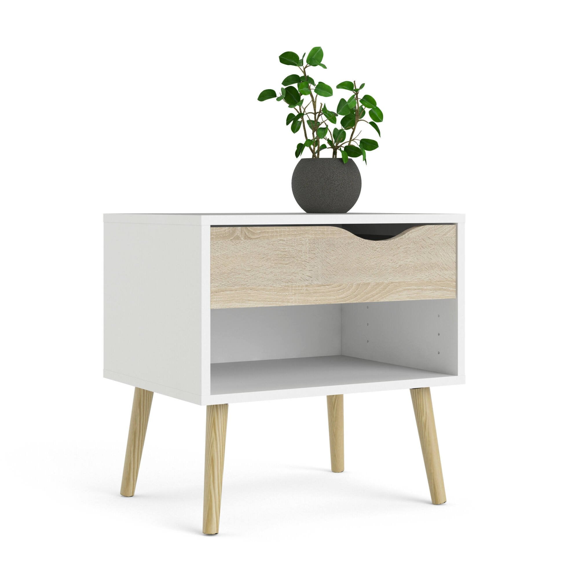 Comodino a un cassetto e un vano Lucina, colore bianco e rovere, Misure 50 x 49 x 39 cm