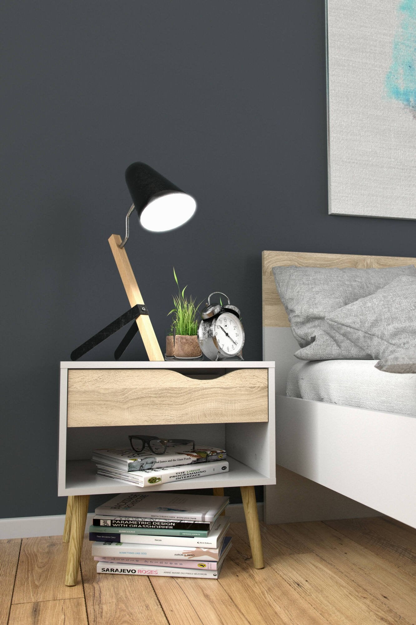 Comodino a un cassetto e un vano Lucina, colore bianco e rovere, Misure 50 x 49 x 39 cm