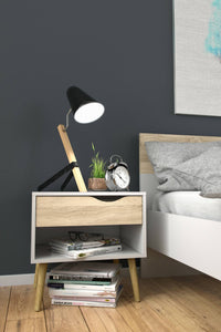 Comodino a un cassetto e un vano Lucina, colore bianco e rovere, Misure 50 x 49 x 39 cm