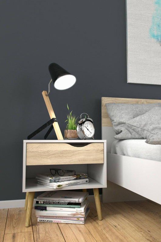 Comodino a un cassetto e un vano Lucina, colore bianco e rovere, Misure 50 x 49 x 39 cm