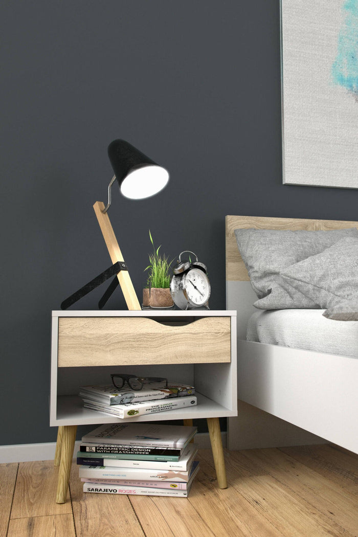 Comodino a un cassetto e un vano Lucina, colore bianco e rovere, Misure 50 x 49 x 39 cm