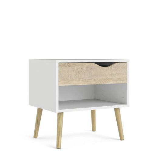 Comodino a un cassetto e un vano Lucina, colore bianco e rovere, Misure 50 x 49 x 39 cm