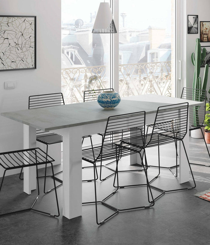 Tavolo allungabile Abudula, Tavolo per sala da pranzo allungabile, Tavolo da pranzo estensibile con allunga, cm 140/190x90h78, Cemento e Bianco