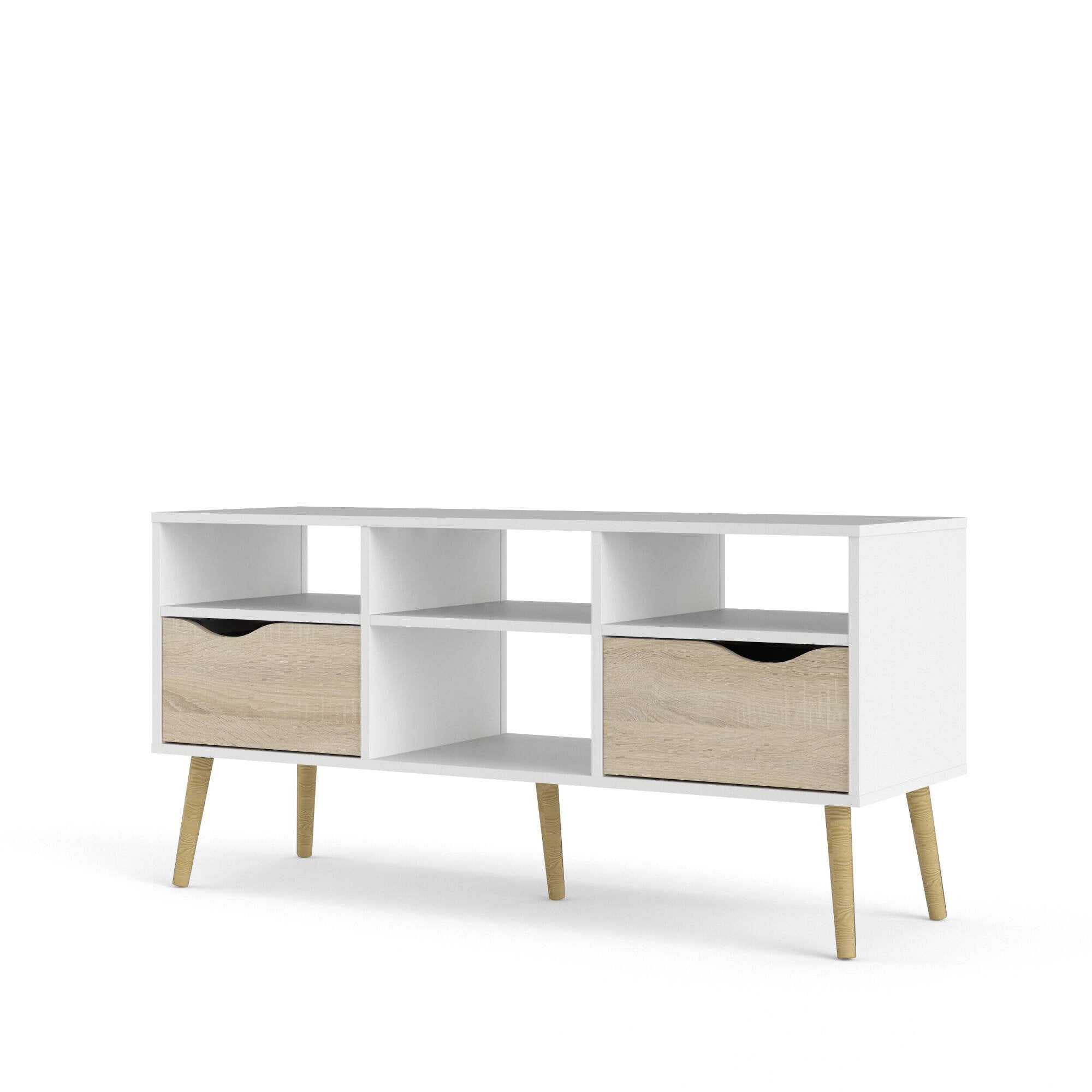 Mobile porta TV a due Aliani, colore bianco e rovere, cm 117 x 57 x 39