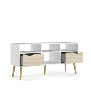 Mobile porta TV a due Aliani, colore bianco e rovere, cm 117 x 57 x 39