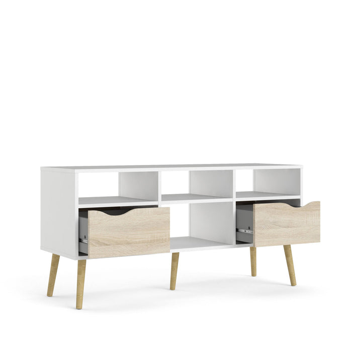 Mobile porta TV a due Aliani, colore bianco e rovere, cm 117 x 57 x 39