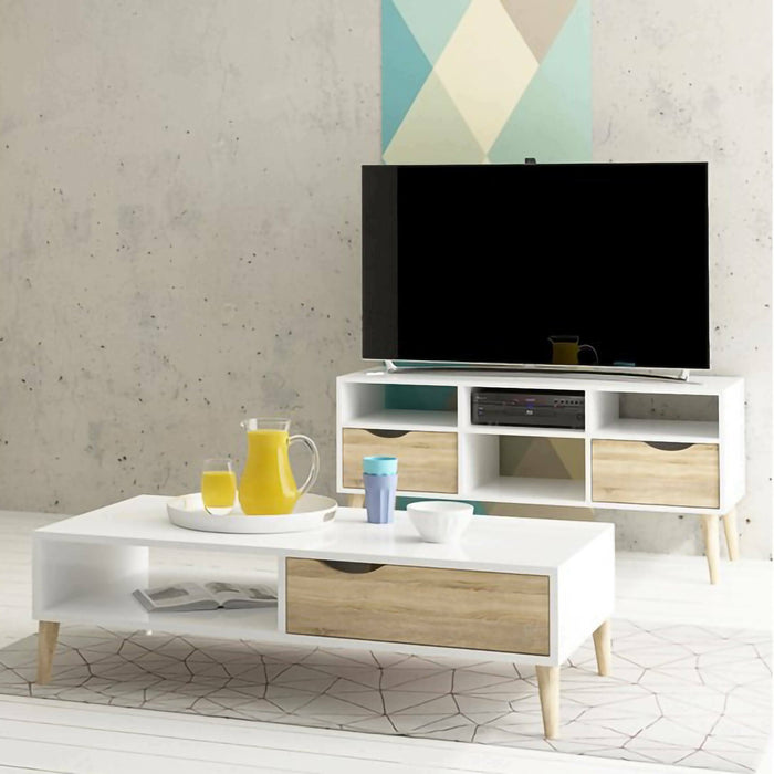 Mobile porta TV a due Aliani, colore bianco e rovere, cm 117 x 57 x 39