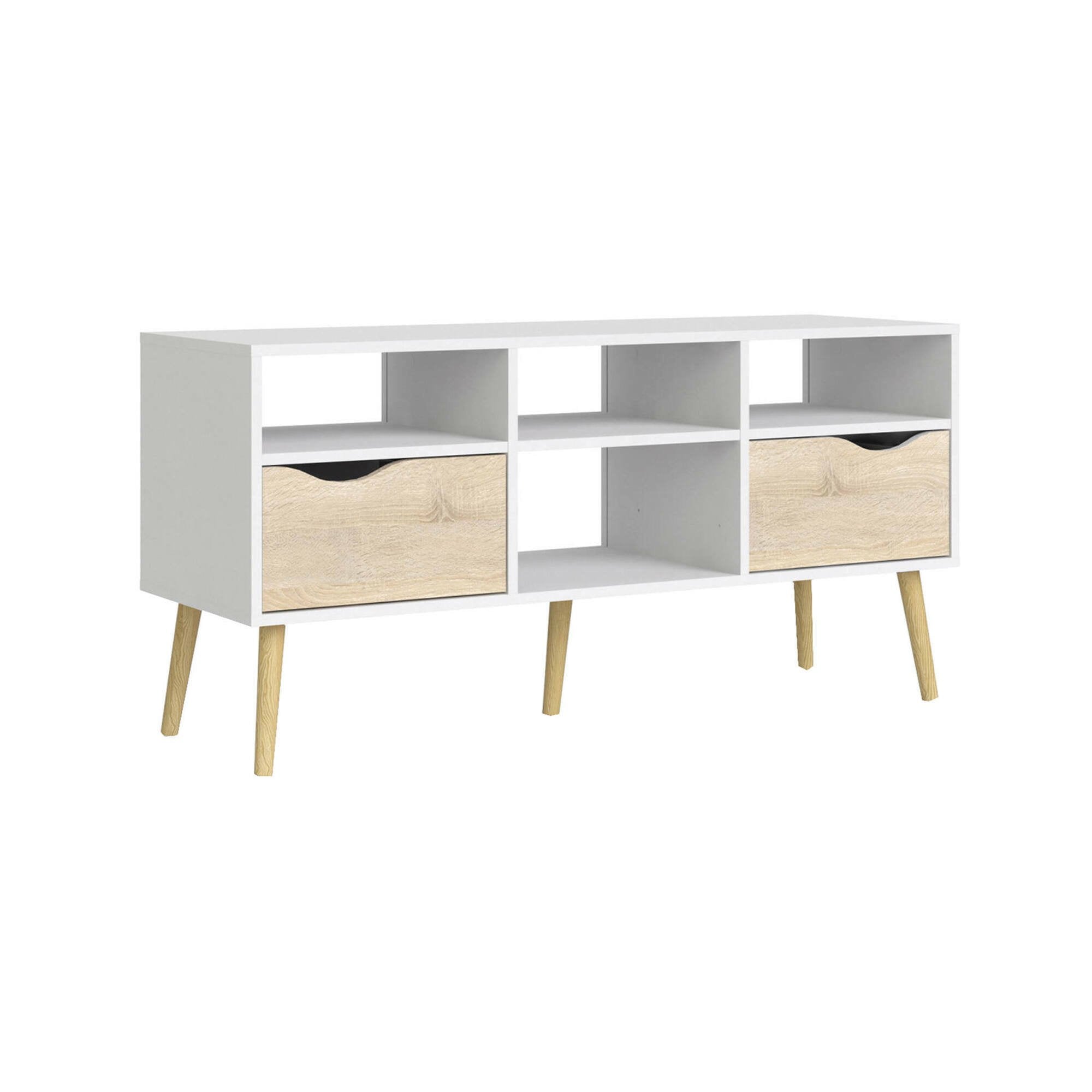 Mobile porta TV a due Aliani, colore bianco e rovere, cm 117 x 57 x 39