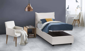 Letto singolo Janet, Letto contenitore con rivestimento in ecopelle, Made in Italy, Apertura frontale, con materasso cm 80x190 incluso, Bianco