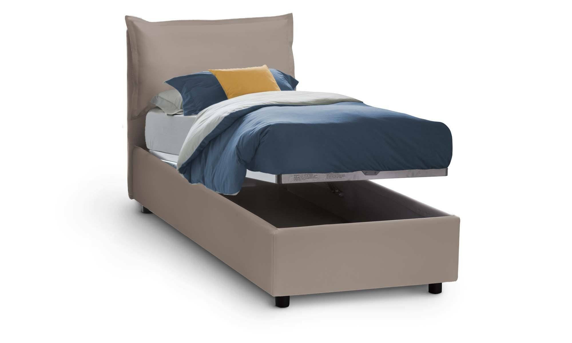 Letto singolo Janet, Letto contenitore con rivestimento in ecopelle, Made in Italy, Apertura frontale, con materasso cm 80x190 incluso, Tortora