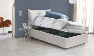 Letto singolo Anathema, Letto contenitore con rivestimento in ecopelle, Made in Italy, Apertura laterale, adatto per materasso cm 80x190, Bianco