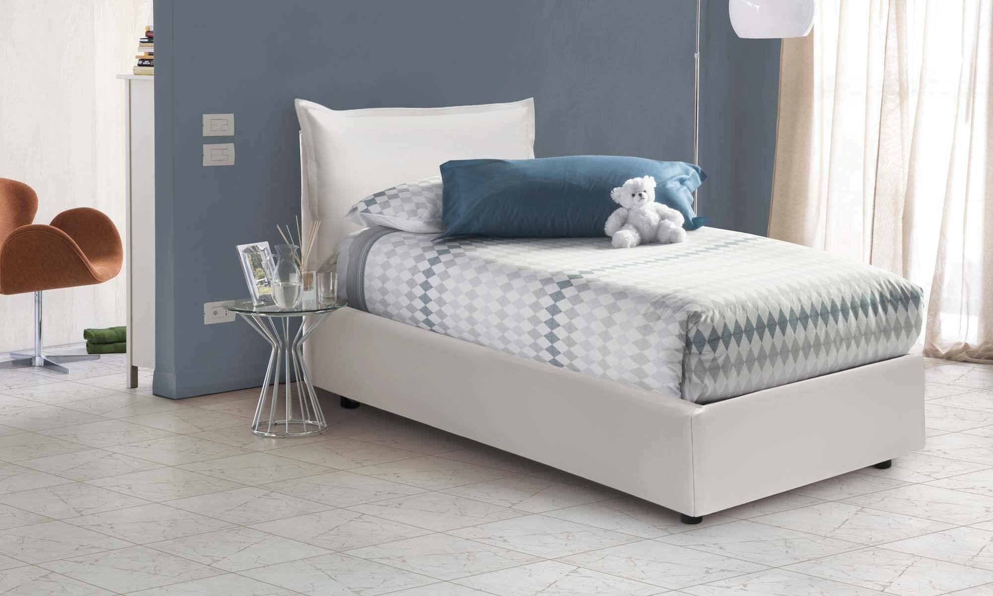 Letto singolo Anathema, Letto contenitore con rivestimento in ecopelle, Made in Italy, Apertura laterale, adatto per materasso cm 80x190, Bianco
