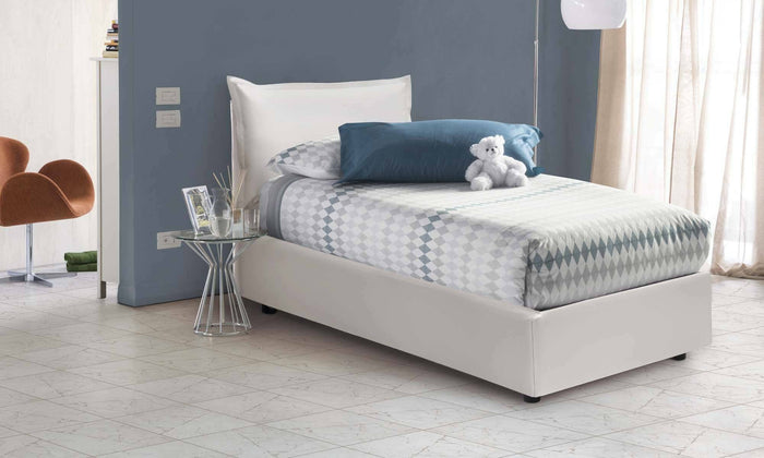 Letto singolo Anathema, Letto contenitore con rivestimento in ecopelle, Made in Italy, Apertura laterale, adatto per materasso cm 80x190, Bianco