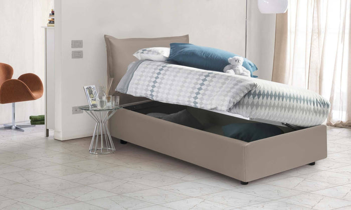 Letto singolo Anathema, Letto contenitore con rivestimento in ecopelle, Made in Italy, Apertura laterale, adatto per materasso cm 80x190, Tortora