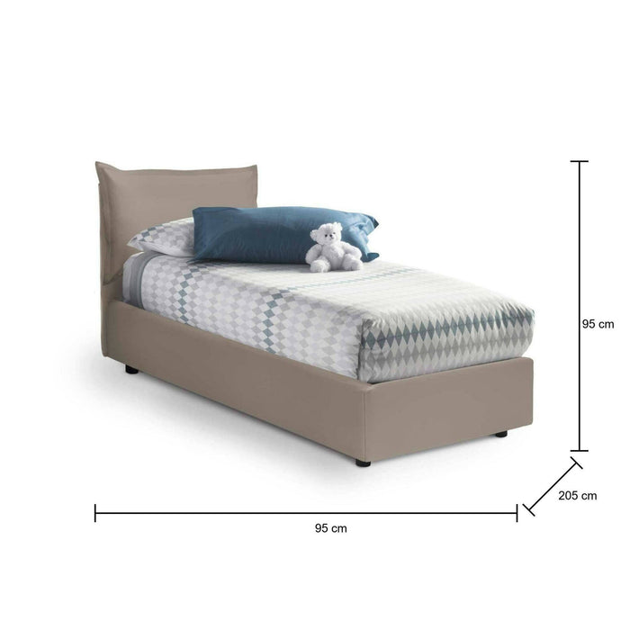 Letto singolo Anathema, Letto contenitore con rivestimento in ecopelle, Made in Italy, Apertura laterale, adatto per materasso cm 80x190, Tortora