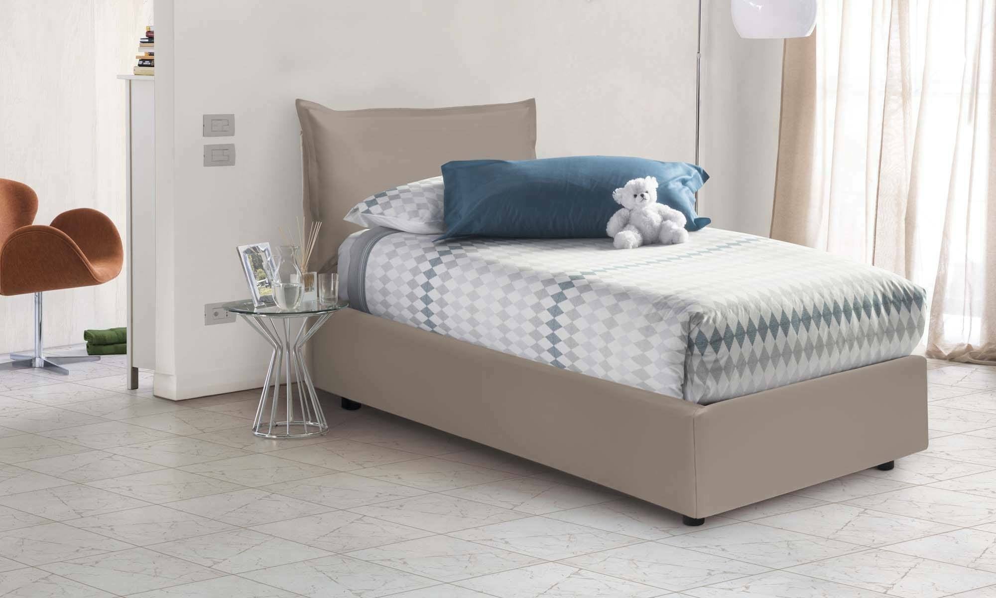 Letto singolo Anathema, Letto contenitore con rivestimento in ecopelle, Made in Italy, Apertura laterale, adatto per materasso cm 80x190, Tortora
