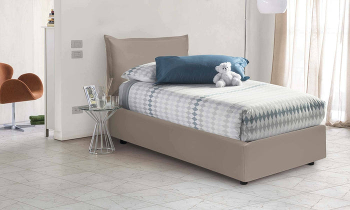 Letto singolo Anathema, Letto contenitore con rivestimento in ecopelle, Made in Italy, Apertura laterale, adatto per materasso cm 80x190, Tortora