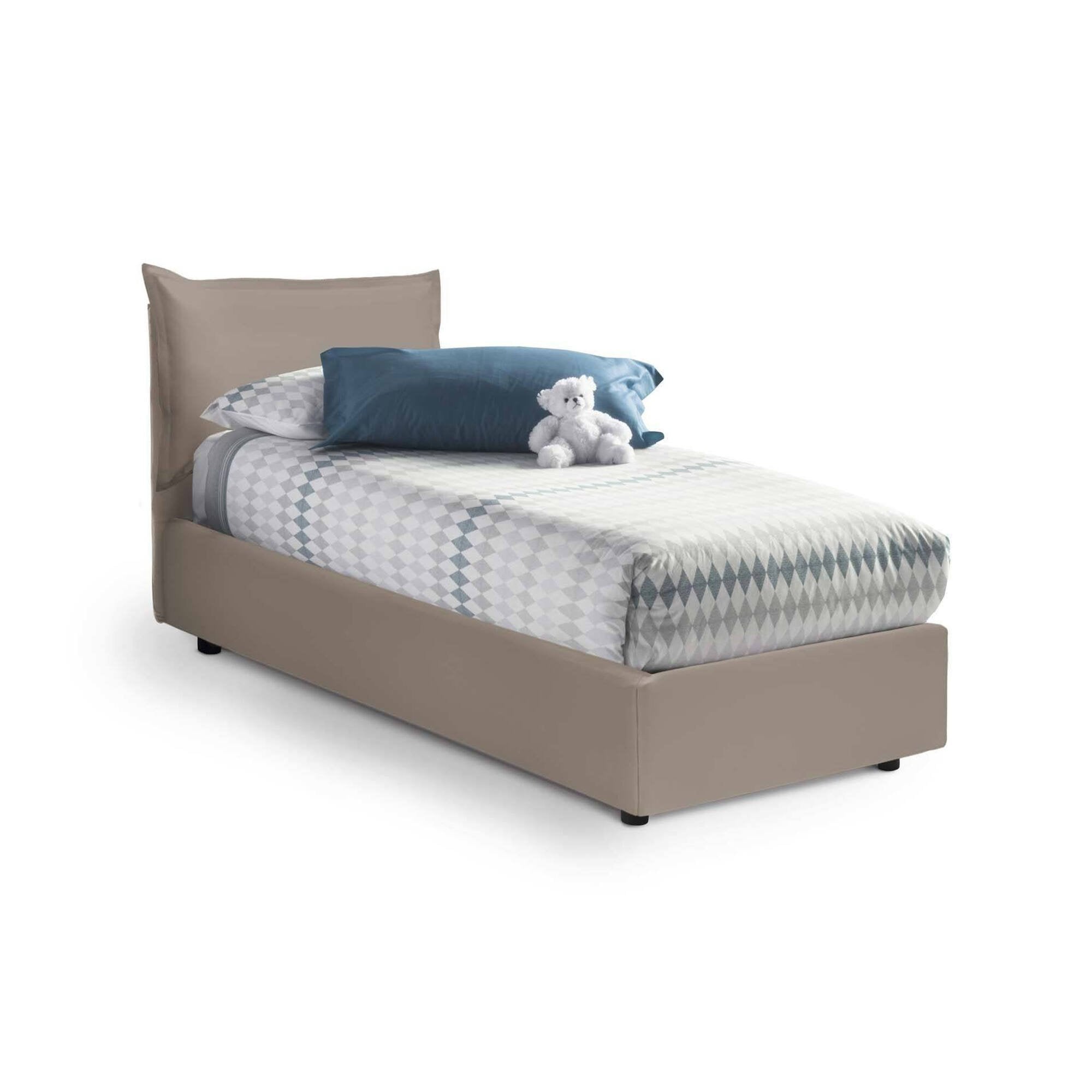 Letto singolo Anathema, Letto contenitore con rivestimento in ecopelle, Made in Italy, Apertura laterale, adatto per materasso cm 80x190, Tortora