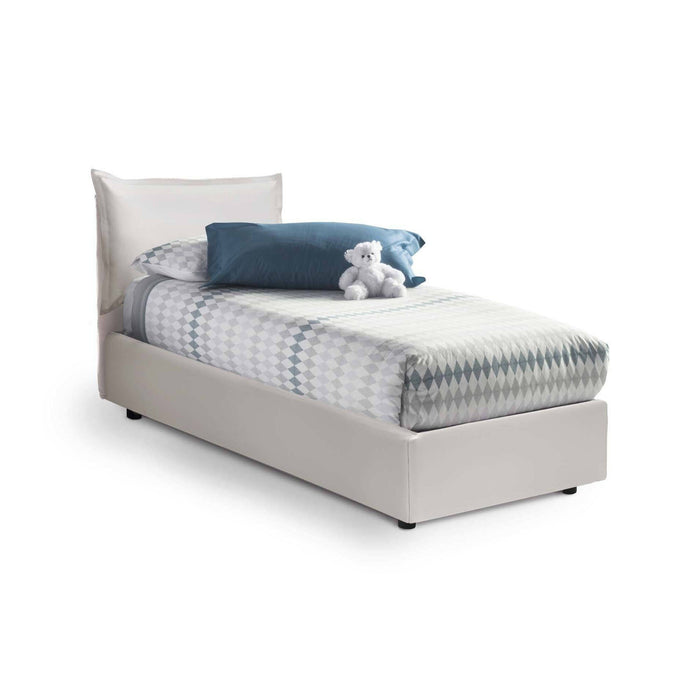 Letto singolo Alzavola, Letto contenitore con rivestimento in ecopelle, Made in Italy, Apertura laterale, con materasso cm 80x190 incluso, Bianco