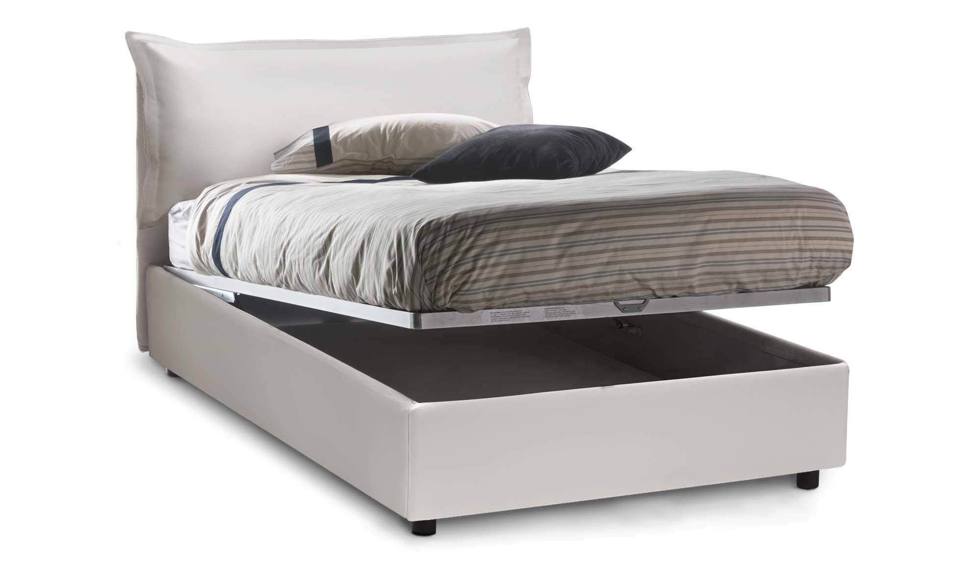 Letto piazza e mezza Latona, Letto contenitore con rivestimento in ecopelle, Made in Italy, Apertura frontale, adatto per materasso cm 120x190, Bianco
