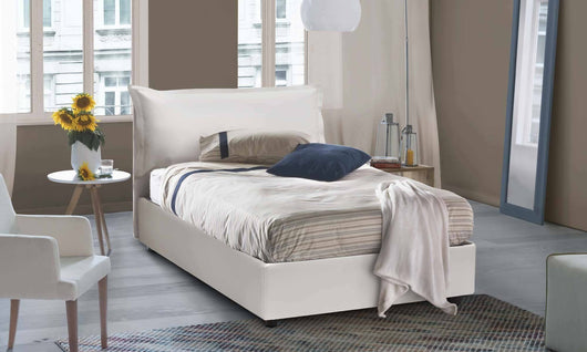 Letto piazza e mezza Latona, Letto contenitore con rivestimento in ecopelle, Made in Italy, Apertura frontale, adatto per materasso cm 120x190, Bianco