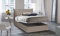 Letto piazza e mezza Latona, Letto contenitore con rivestimento in ecopelle, Made in Italy, Apertura frontale, adatto per materasso cm 120x190, Tortora