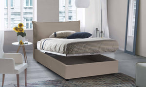 Letto piazza e mezza Latona, Letto contenitore con rivestimento in ecopelle, Made in Italy, Apertura frontale, adatto per materasso cm 120x190, Tortora