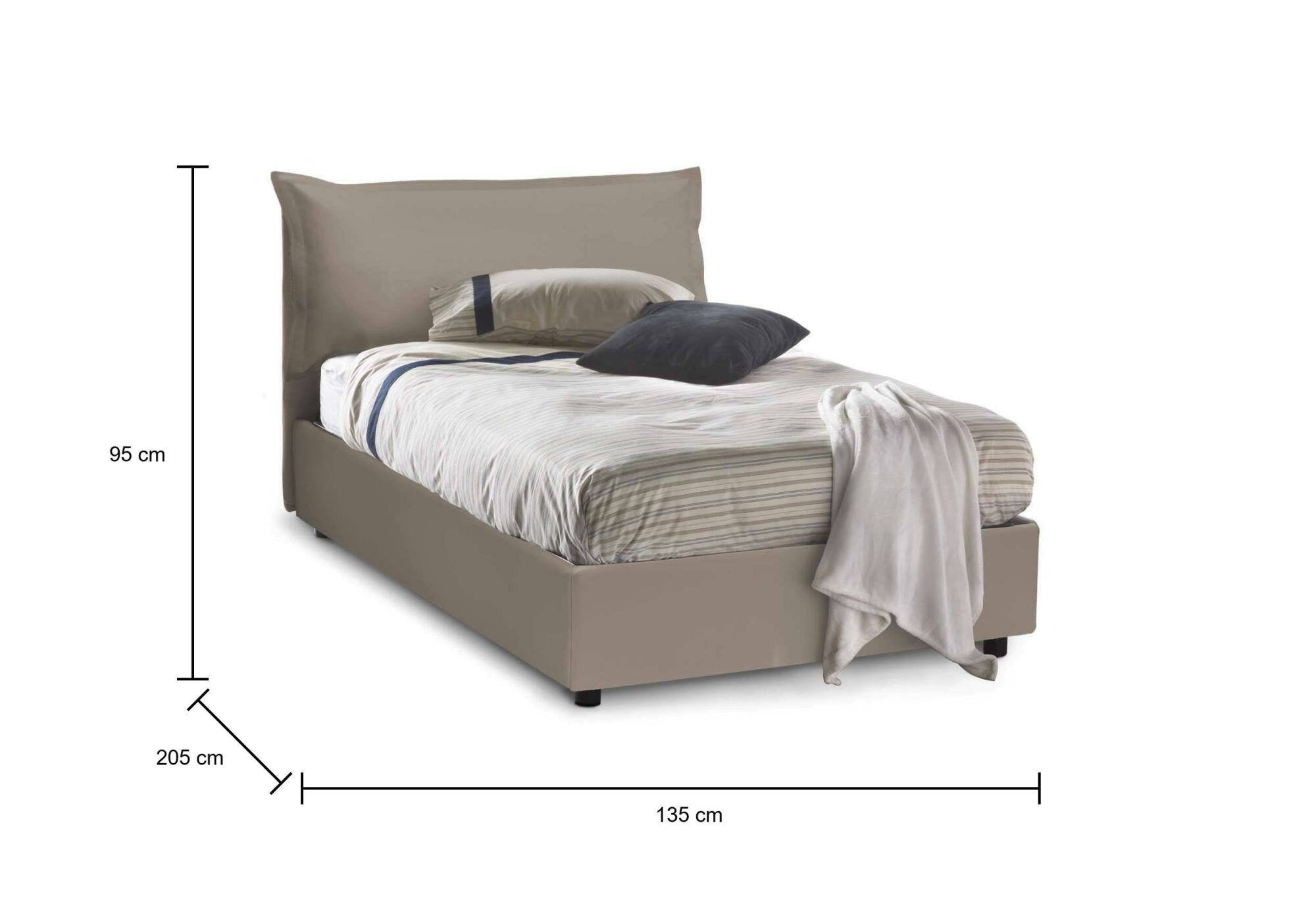 Letto piazza e mezza Latona, Letto contenitore con rivestimento in ecopelle, Made in Italy, Apertura frontale, adatto per materasso cm 120x190, Tortora